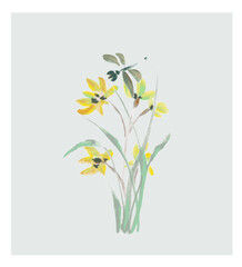 watercolor sketch of a yellow orchid with a flying dragonfly abo