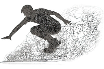 Abstarct wireframe silhouette of a skateboarder from triangles and particles.AI generated