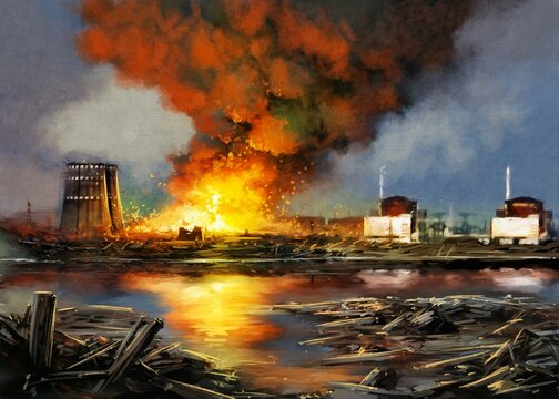 Fantastic illustration of a catastrophe at a power plant, a nuclear explosion, a release of radiation, a great danger. Paintings lanfscape, nuclear power plant, smoke and the fire