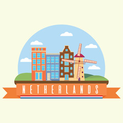 Fototapeta premium Colored city of Netherlands with a windmill landmark Vector