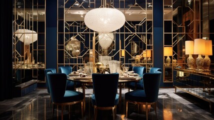 Interior design inspiration of Art Deco Glamorous style home dining room loveliness decorated with Velvet and Gold material and Mirrored Wall .Generative AI home interior design .