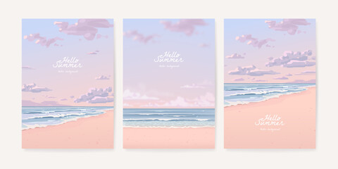 Vector tropical landscape background set. Beautiful illustration of sandy summer beach, sea and sky. Summer holidays poster, banner, card design template