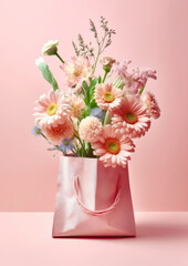 Obraz premium A shopping bag full of freshly picked colorful flowers on a minimal pastel background. Pink tones. Happy shopping concept. Generative AI.