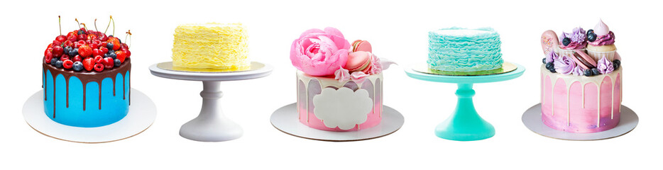 Set of bright colorful cakes isolated on white background, png. Cakes with fondant ruffles, fresh berries, chocolate, caramel