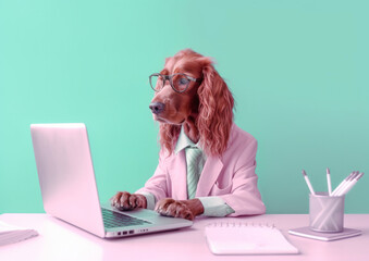 Cute brown dog dressed as a vet working in his clinic on a laptop. Pastel color scheme. Generative AI.