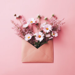 Minimal flatlay composition with a paper envelope filled with colorful field flowers on pastel powder background. Generative AI.
