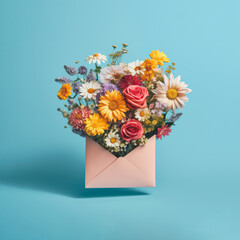 Minimal flatlay composition with a paper envelope filled with colorful field flowers levitating above pastel blue background. Generative AI.