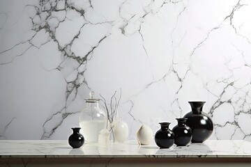 Black vasele countertop in front of white marble wall