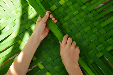 The child weaves cattail leaves. Close-up. DIY children with their own hands. Development of fine motor skills. An idea for children's creativity