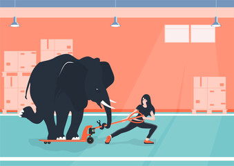 Overloading. Warehouse safety tip with a woman trying to pull a pallet jack with an elephant. Vector.	