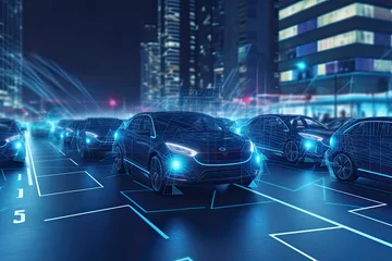 Fotobehang Smart cars with automatic sensor driving on metropolis with wireless connection.AI generated © surassawadee