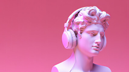 Antique sculpture of a man with large modern DJ headphones in front of a minimal pink background with copy space. Monochromatic shades, modern art. Generative AI.
