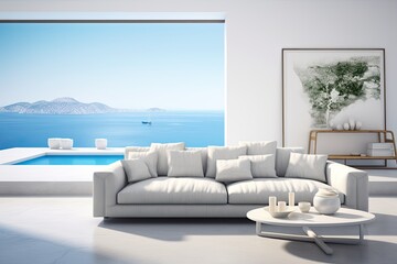 Interior of modern living room sofa or couch with beautiful sea view. Generative AI