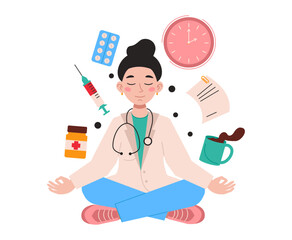 Woman doctor sits in lotus position and meditates at work. Medical stuff  fly around. Vector graphic.