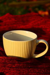 A cup on the background of a brown knitted sweater. Warm and cozy autumn. Leaf fall.