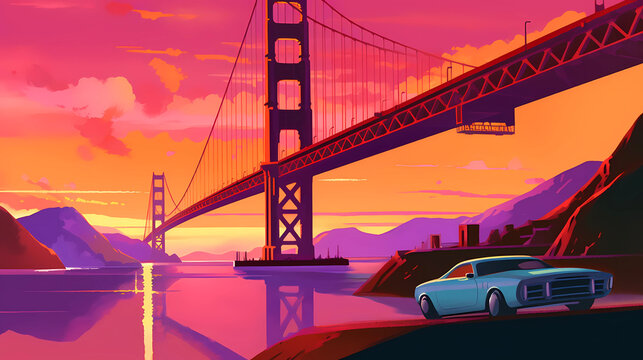 Illustration of a beautiful view of the Golden Gate Bridge, USA