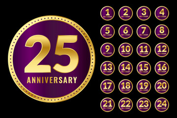 Anniversary Labels. Collection of Gold and Purple Luxury Celebration Emblems Flat Vector