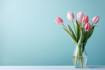 Beautiful bouquet of pink tulips flowers in a vase on pink background