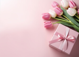 Bouquet of colorful tulips and gift box on pink background