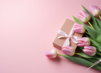 Bouquet of pink tulips and a gift box on pink background