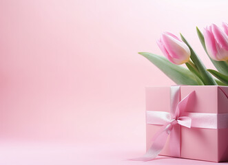 Bouquet of beautiful pink tulips and gift box on pink background