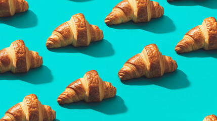 Delicious freshly baked crispy croissants on a turquoise minimal background. Isometric pattern. Generative AI.