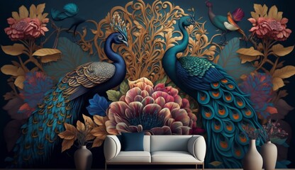 Exotic oriental pattern with peacocks and flowers.Generative AI