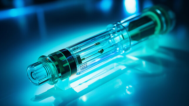 A close-up shot of a syringe containing a radiopharmaceutical, used in nuclear medicine diagnostic procedures Generative AI