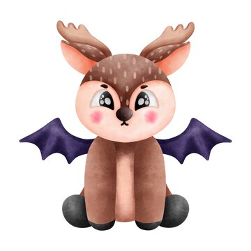 Cute little reindeer with purple bat wings sitting and smiling.