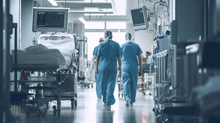 Nurses pushing hospital stretchers inside the hospital