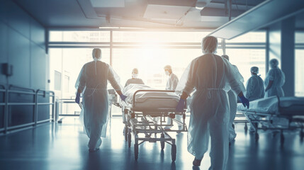 Fototapeta na wymiar Nurses pushing hospital stretchers inside the hospital