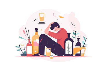 Strong hangover of man after drinking alcohol. Drunk tiny person sitting with bottle and glasses of liquor.AI generated - obrazy, fototapety, plakaty