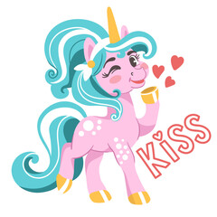 Cute cartoon character unicorn with a hearts