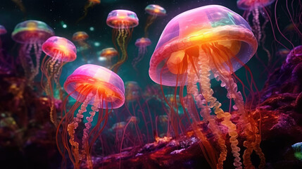 Naklejka premium Colourfull jellyfishes in undersea