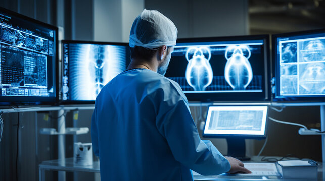 A radiologist examining a digital image of a patient's body scan on a high-resolution monitor in a nuclear medicine department Generative AI