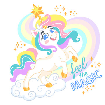 Cute cartoon character magic unicorn with a rainbow