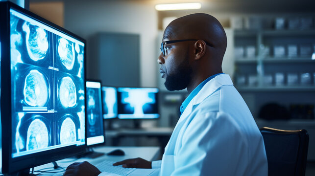 A radiologist examining a digital image of a patient's body scan on a high-resolution monitor in a nuclear medicine department Generative AI