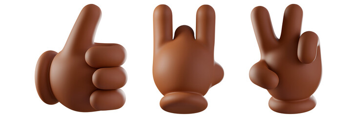 3d diverse hand gestures icon set. African american hands showing gestures such as peace, thumb up, rock hand isolated on white background. Suitable for social media or app use.
