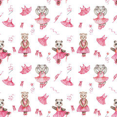 Watercolor seamless pattern. Hand painted illustration of bears in dance studio in pink dress, ballet shoes. Koala, panda, teddy bear. Animal cartoon character. Print on white background for textile © Olga Sidelnikova