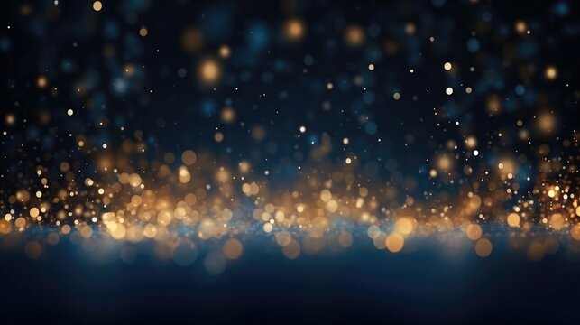 Abstract background with Dark blue and gold particle. Christmas Golden light shine particles bokeh on navy blue background. Gold foil texture. Holiday concept. Generative AI