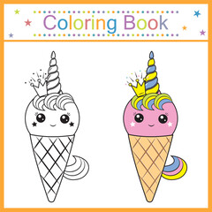 Coloring book for kids ice cream kawaii, isolated contour illustration