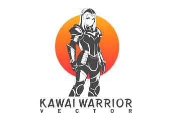 Vector monochrome cute beautiful kawaii girl warrior in armor on sunset background. White isolated background.