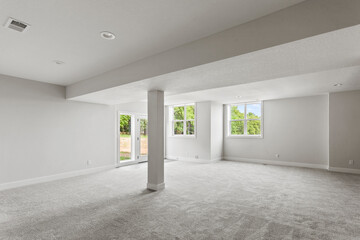 empty room with a window in finished basement with carpet