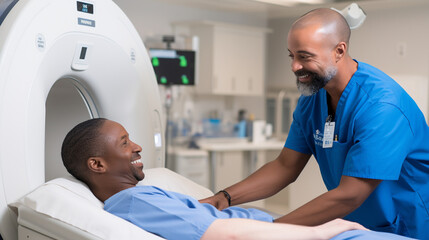 A nuclear medicine technologist preparing a patient for a PET/CT scan, ensuring accurate positioning for precise imaging Generative AI