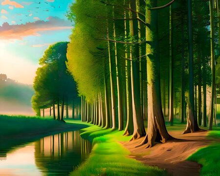 green forest landscape and rever