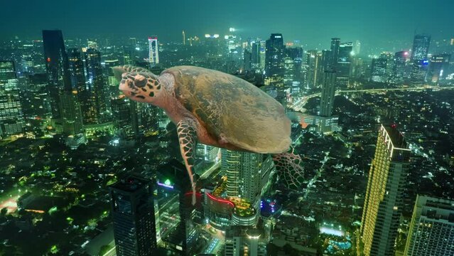 Amazing surrealistic shot of huge turtle swimming in night air above big city. Dream of undersea alien in metropolis. Strange slow motion video of turtle floating or flying against green skyscrapers.