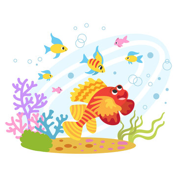 Cute cartoon tropical fantasy fishes vector illustration