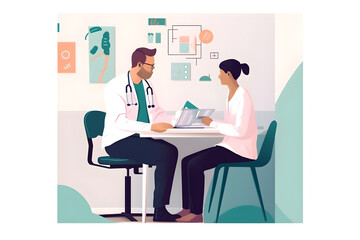 Flat vector illustration male doctor holding a tablet and talking to a female patient in the clinic