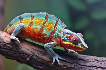 Fototapeta premium Colorful chameleon on a branch, a creative concept of adaptation and transformation. Generative AI