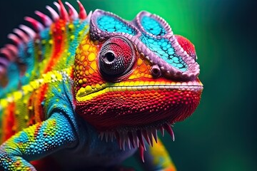 Obraz premium Colorful chameleon on a branch, a creative concept of adaptation and transformation. Generative AI